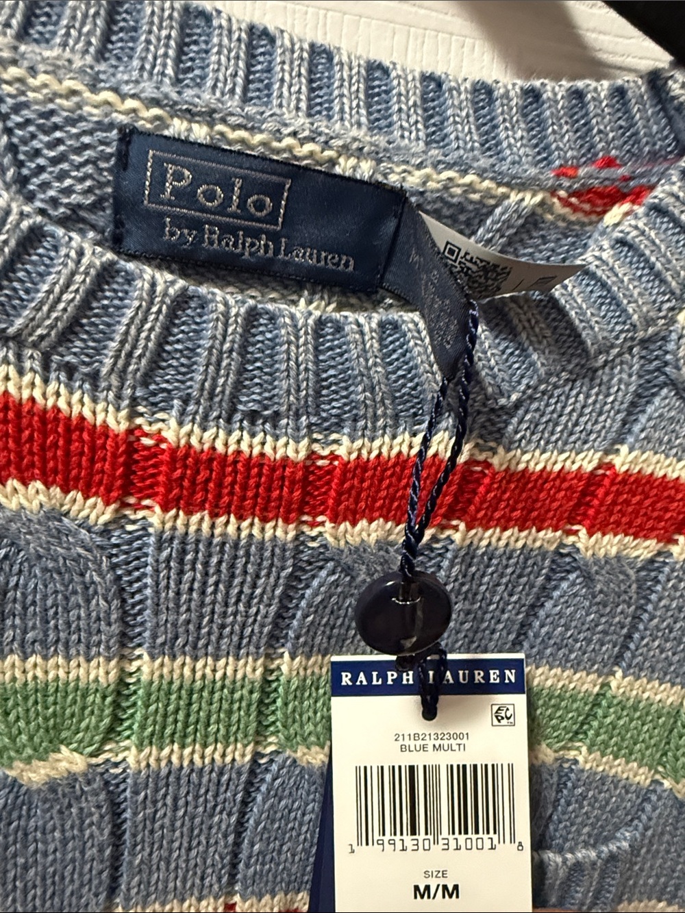 Ralph Lauren Short-Sleeve Striped Knit Sweater in Light Blue, Red, Green - Picture 2 of 2